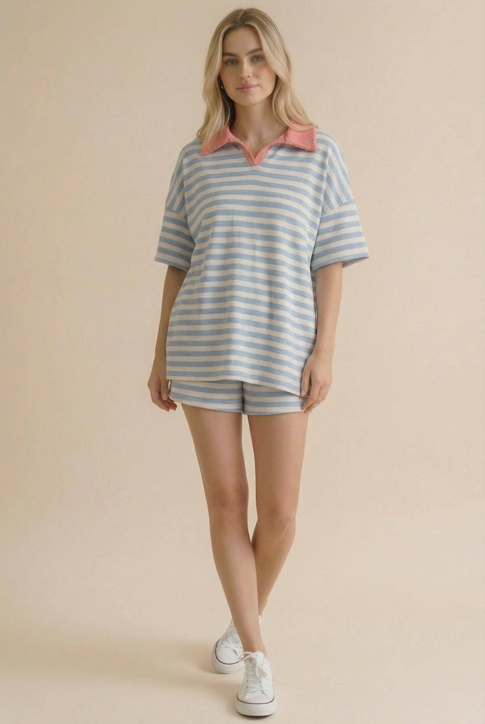 Stripe Color Block Loose Fit Lounge Wear Set: Light Blue/Coral