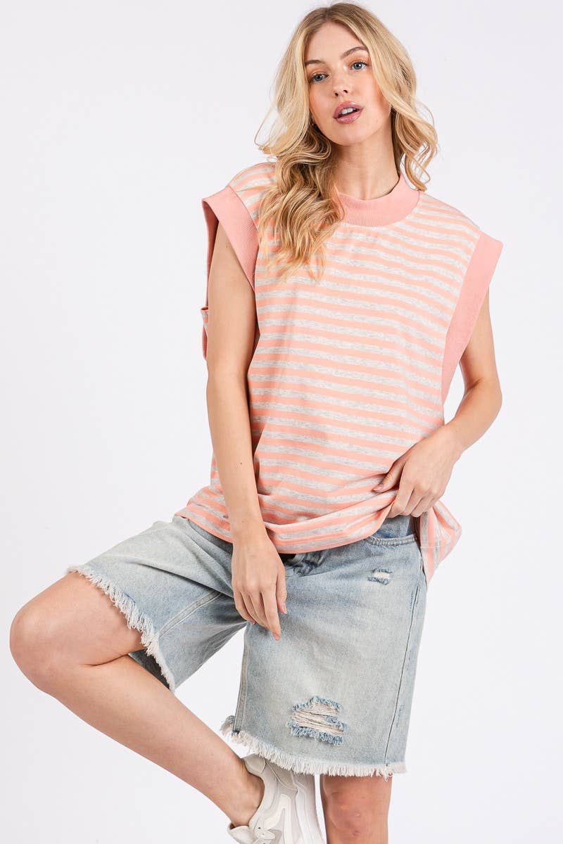 STRIPED TERRY CAP SLEEVE TOP