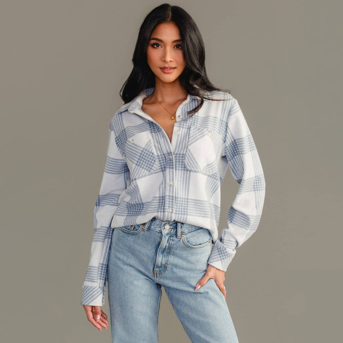 White &amp; Dusty Blue Plaid Button Up Jacket