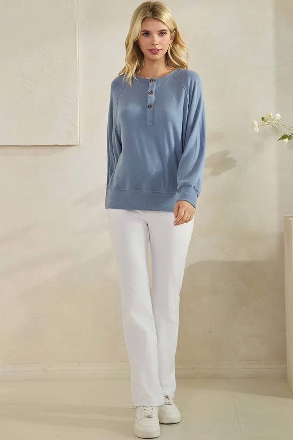 Soft Start Ribbed Henley Long Sleeve Top