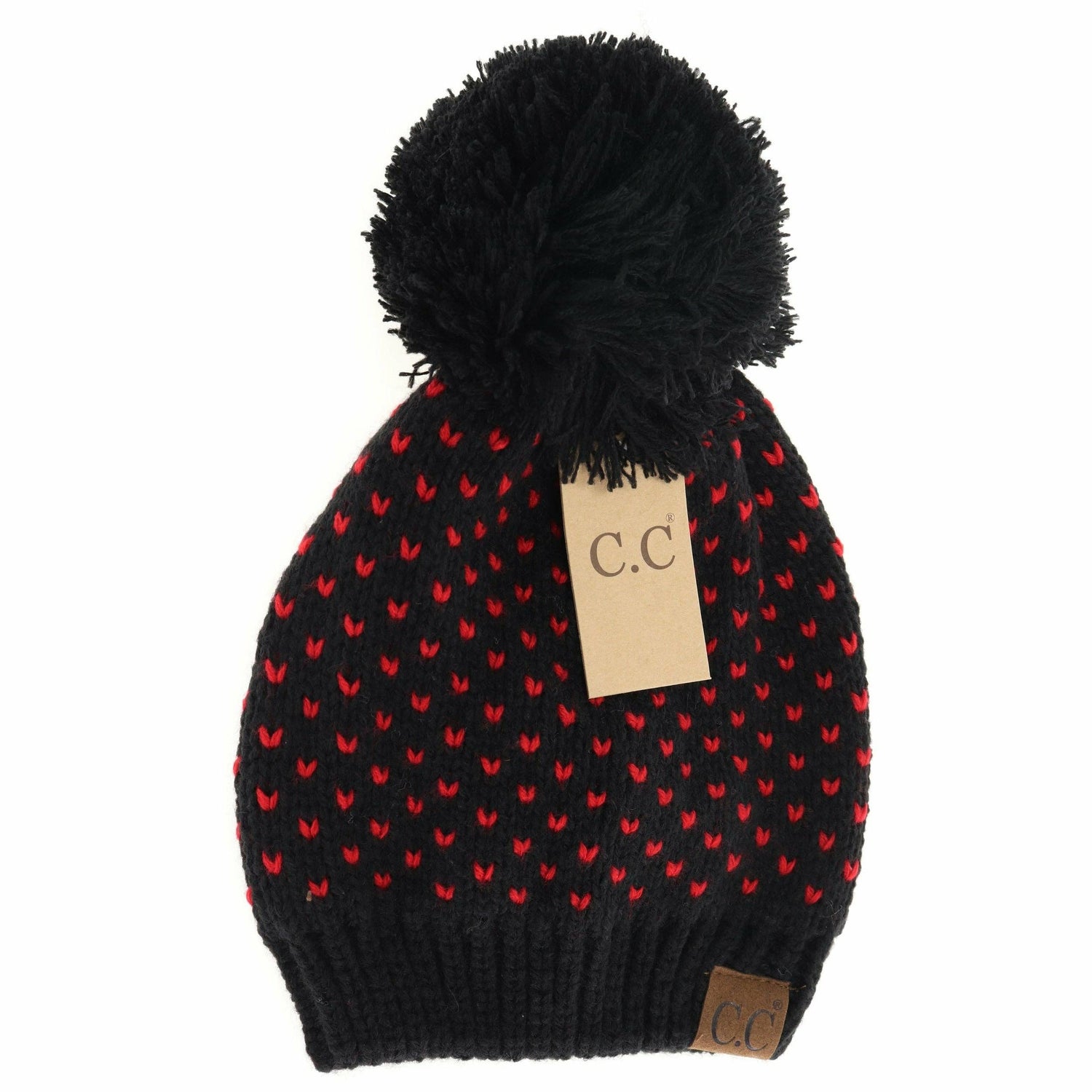 Heart Knit Pom Beanie: Black/Red