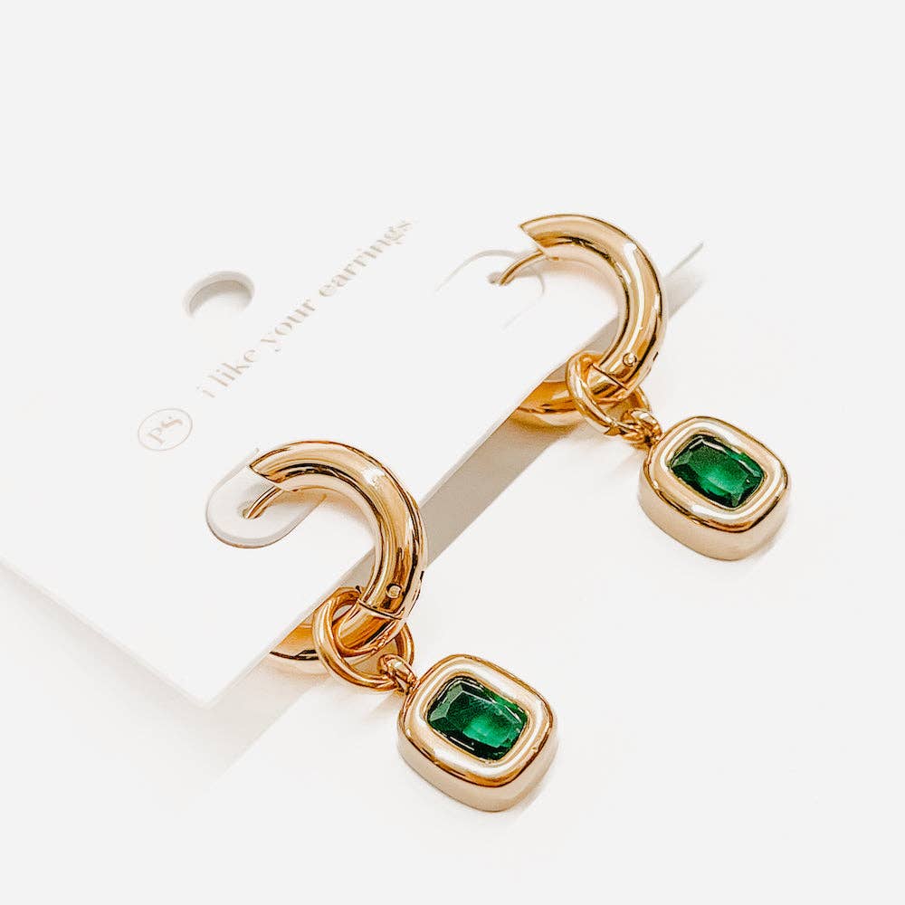 Emerald Accent Chunky Hoop Gold Earrings