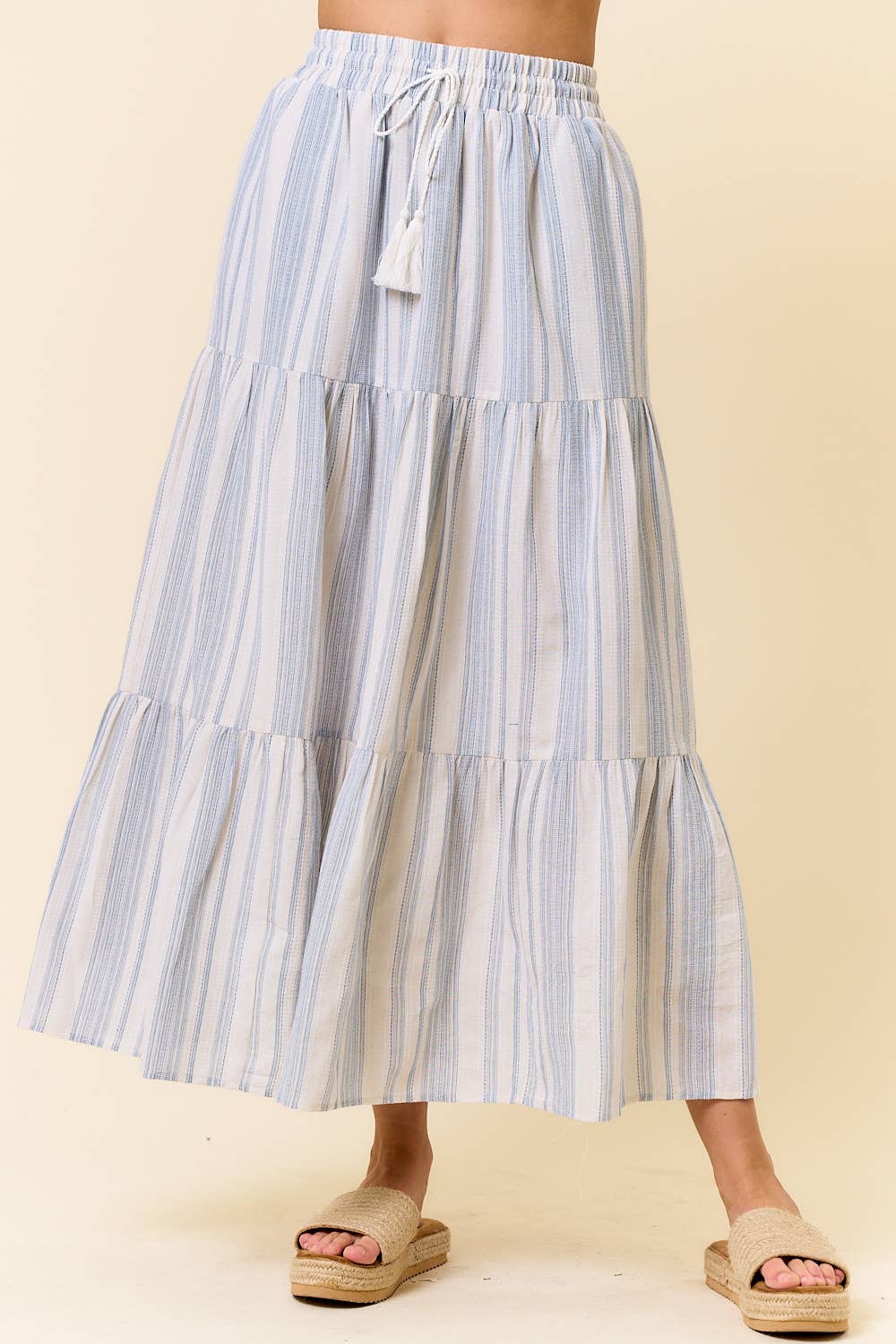 Cotton Striped Elastic Waist Tiered Maxi Skirt