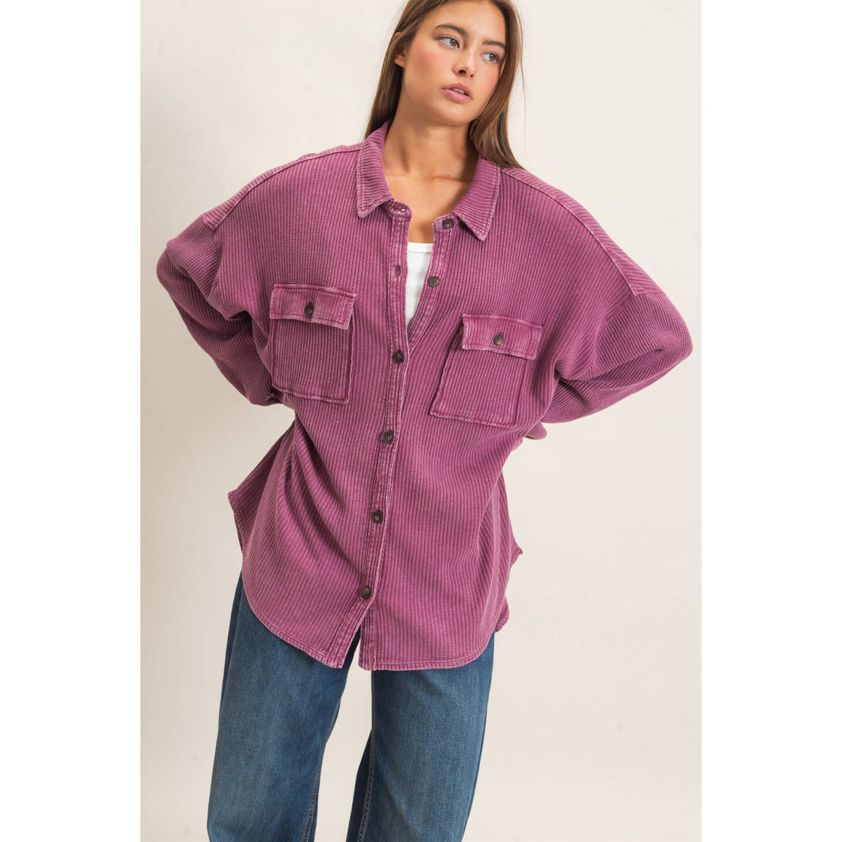Mineral Wash Waffle Knit Button-Up Shacket: DARK CHERRY