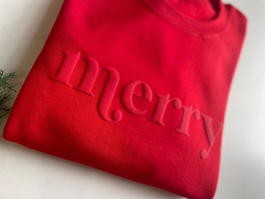 Retro Embossed Merry Sweatshirt - Womens Holiday Sweatshirt: Medium / Red