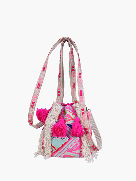 Imogene Striped Cotton Bucket Bag w/ Tassels: Neon Pink