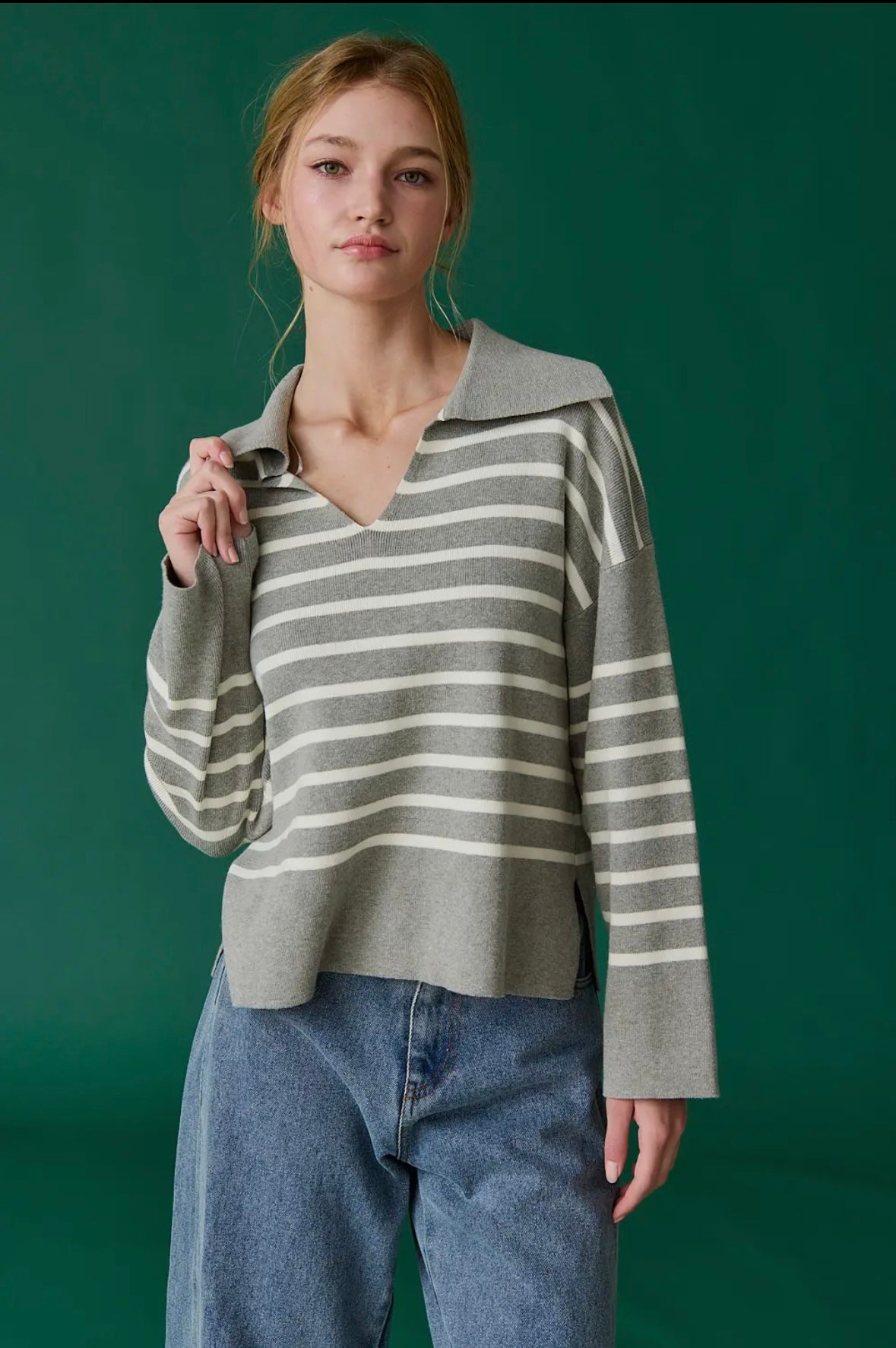 Brynn Collared Gray Stripe Sweater