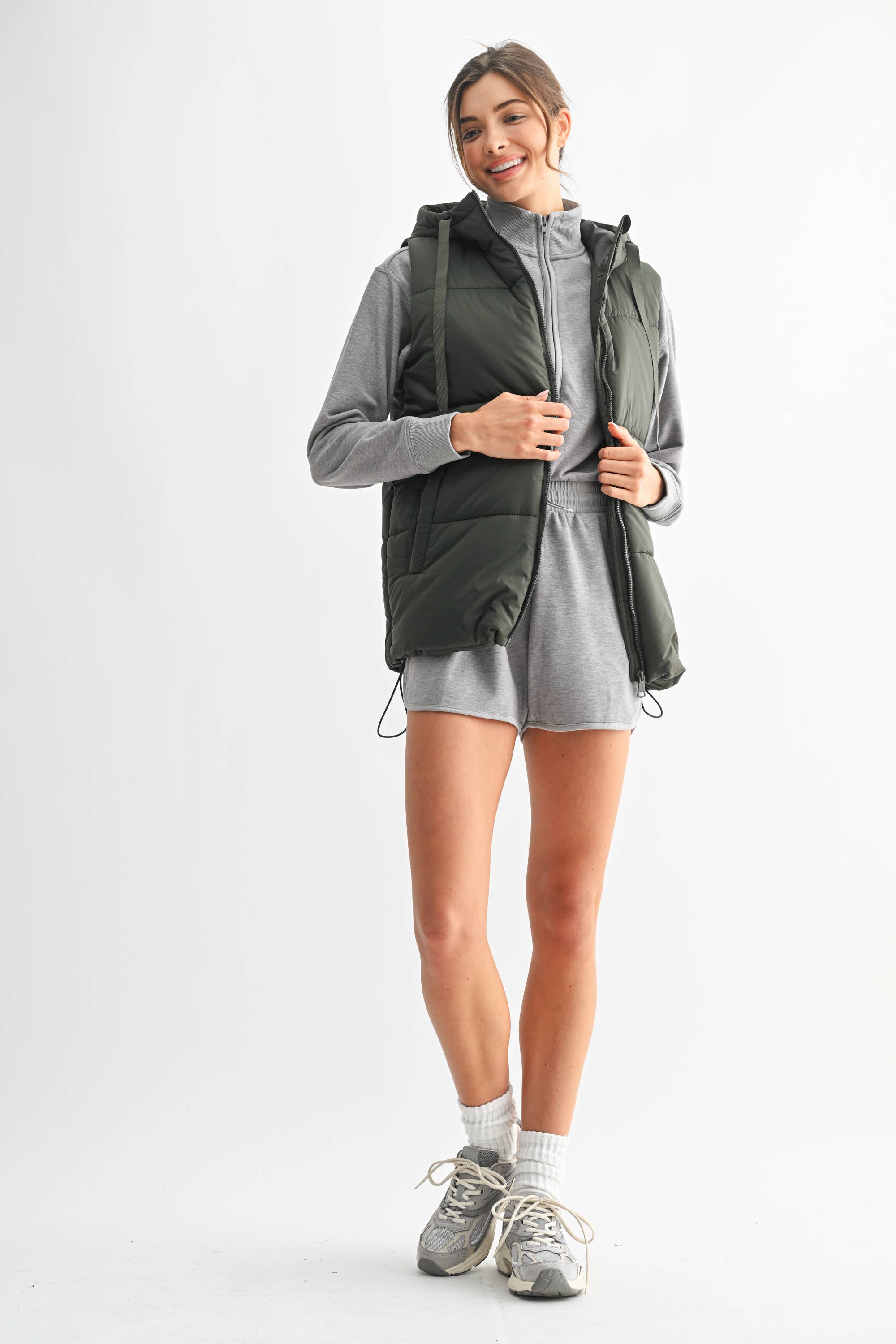 Longline High Neck Padded Vest: OLIVE