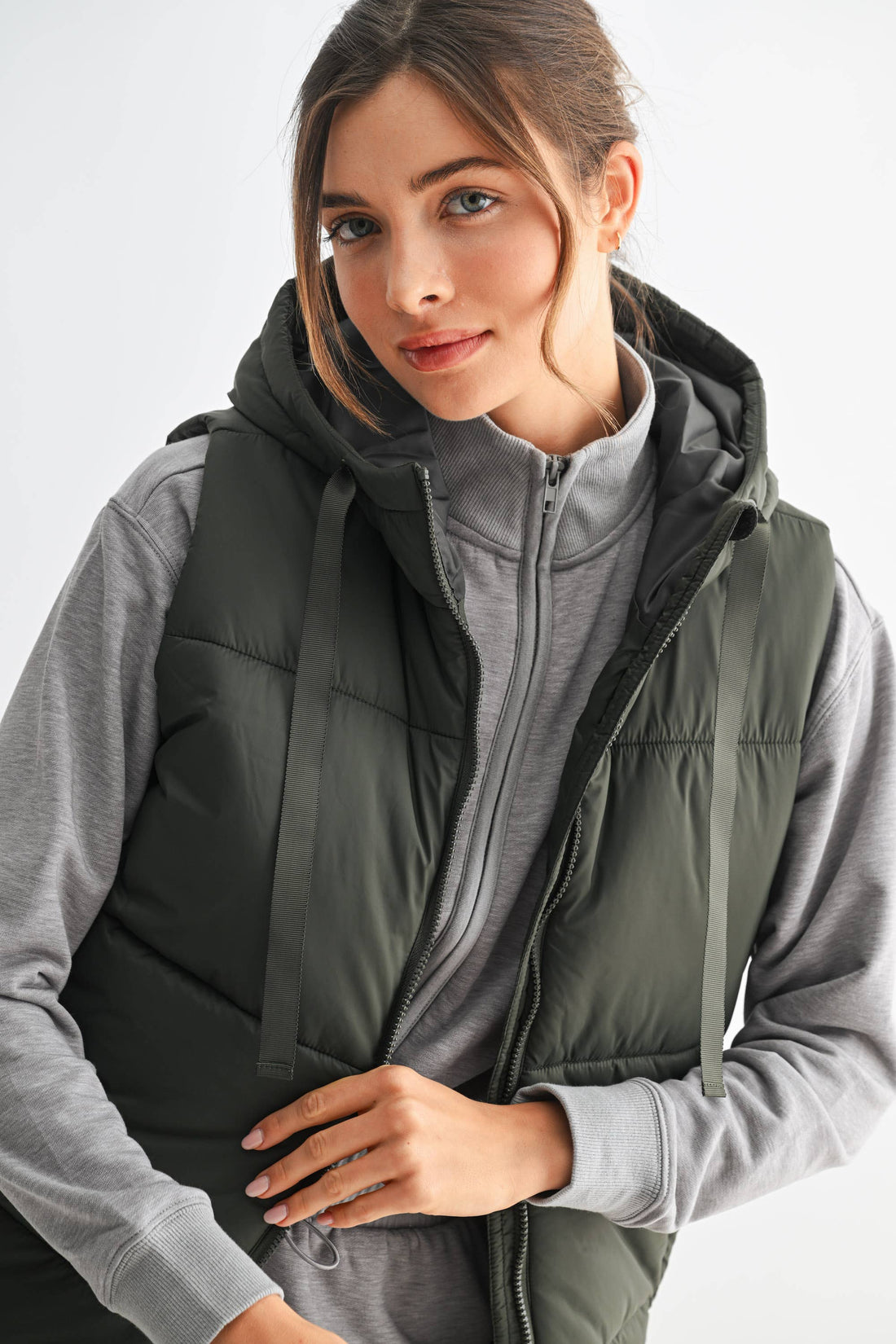 Longline High Neck Padded Vest: OLIVE