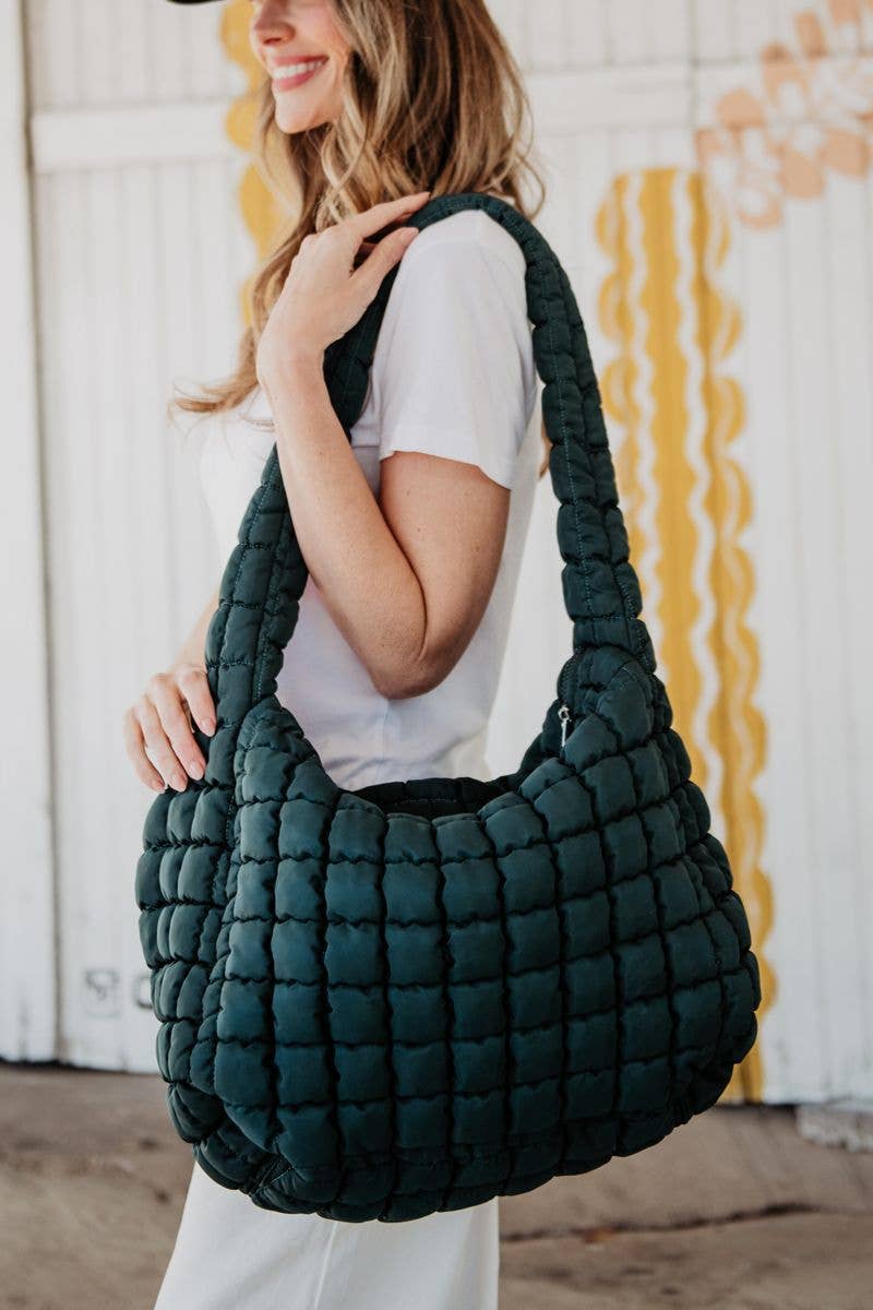 Forest Green Oversized Quilted Hobo Tote Bag: Forest Green
