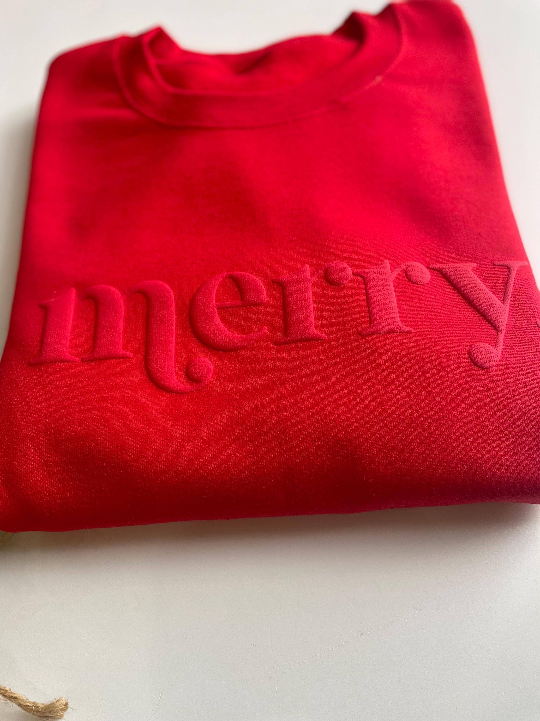 Retro Embossed Merry Sweatshirt - Womens Holiday Sweatshirt: Medium / Red