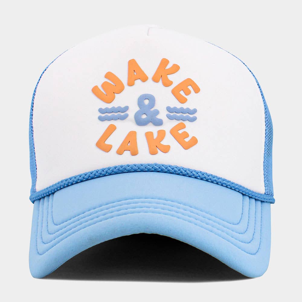 WAKE LAKE Mesh Back Trucker Hat: Light Blue,White