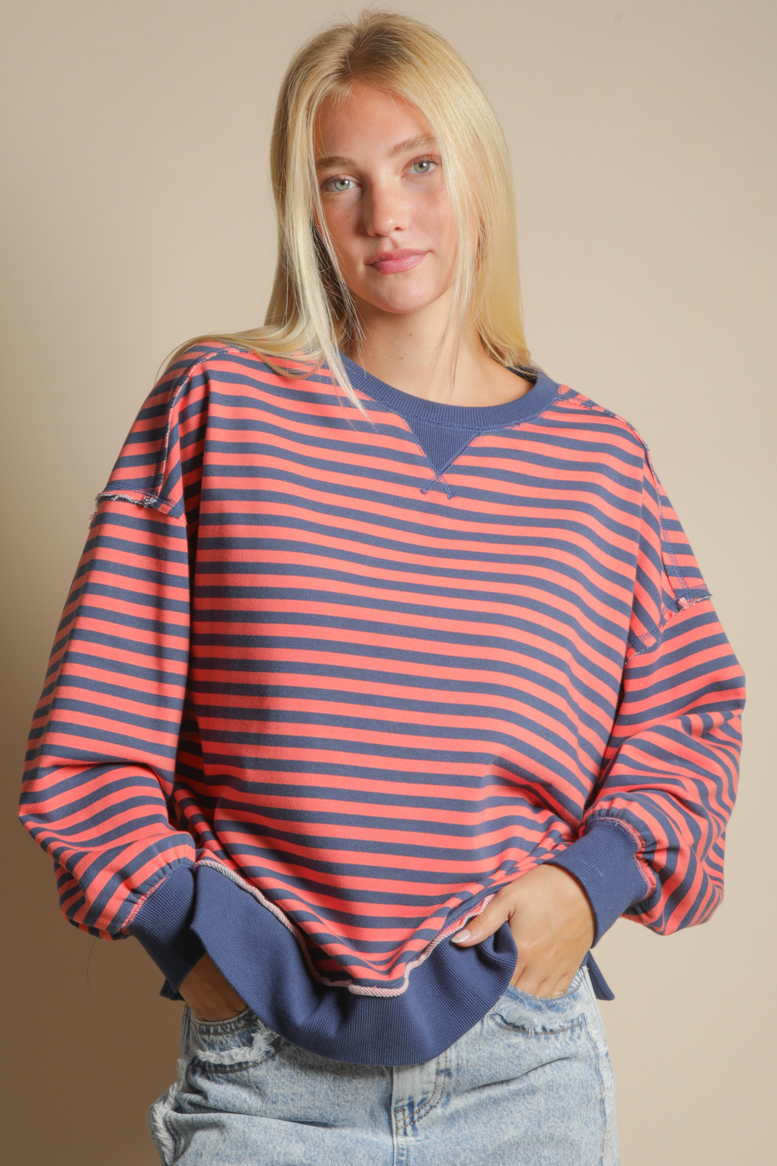 Selene Causal Striped Sweatshirt in Denim/Coral