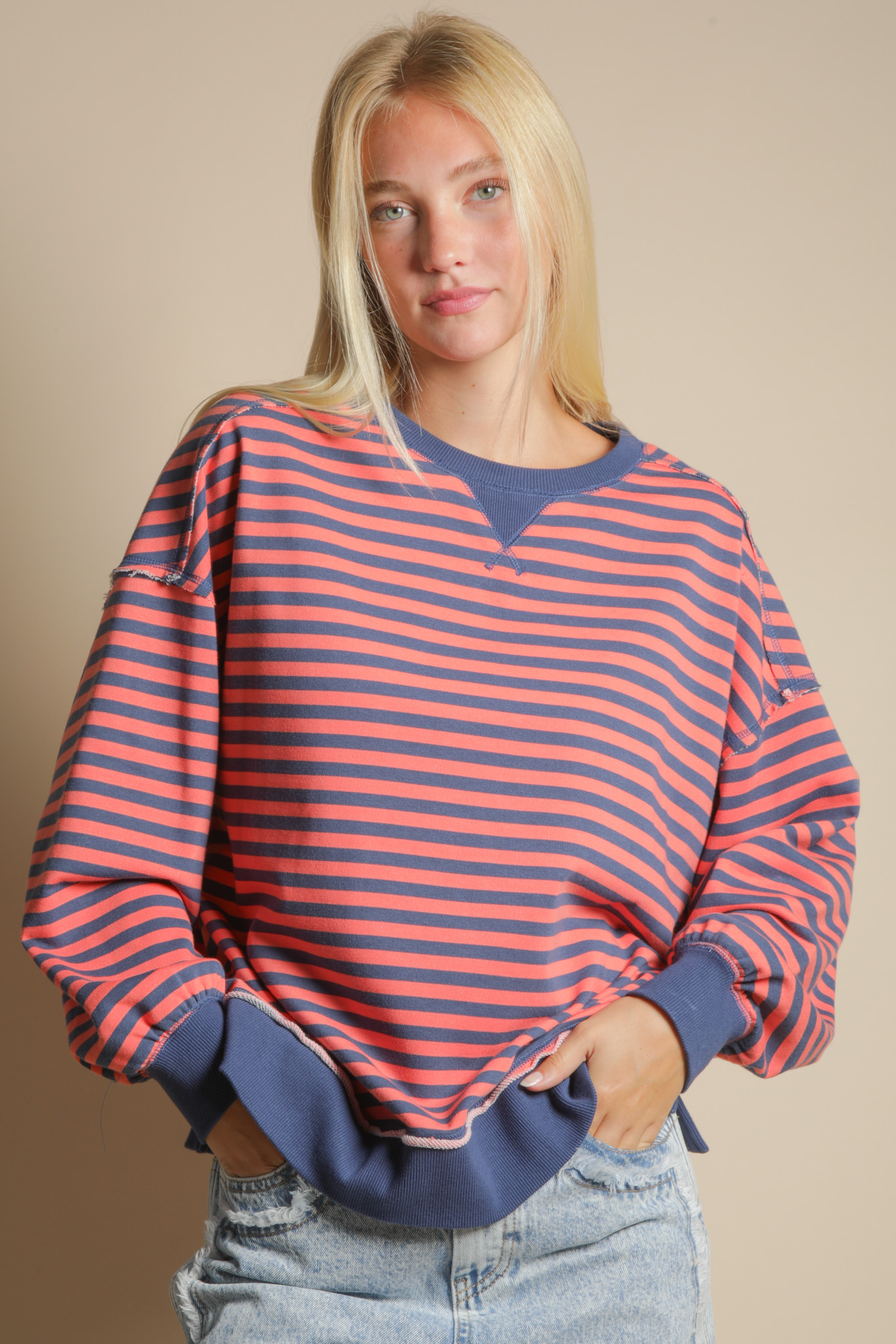 Selene Causal Striped Sweatshirt in Denim/Coral
