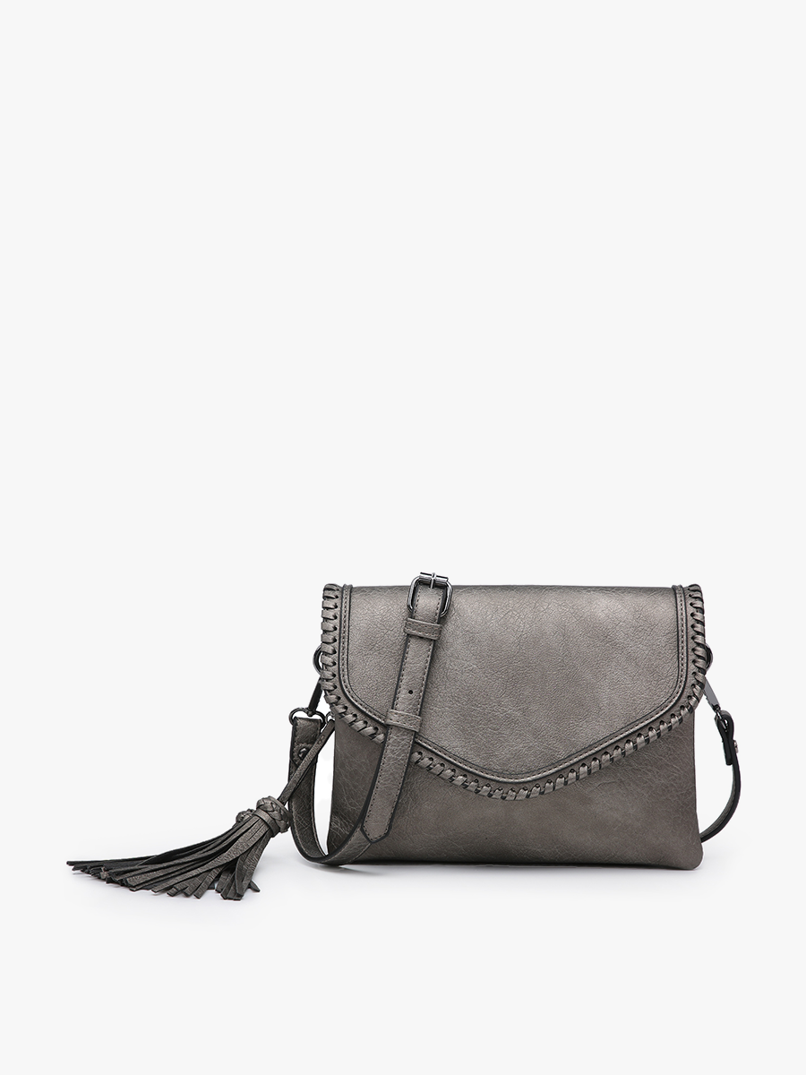 Sloane Flapover Crossbody w/ Whipstitch and Tassel: Coffee