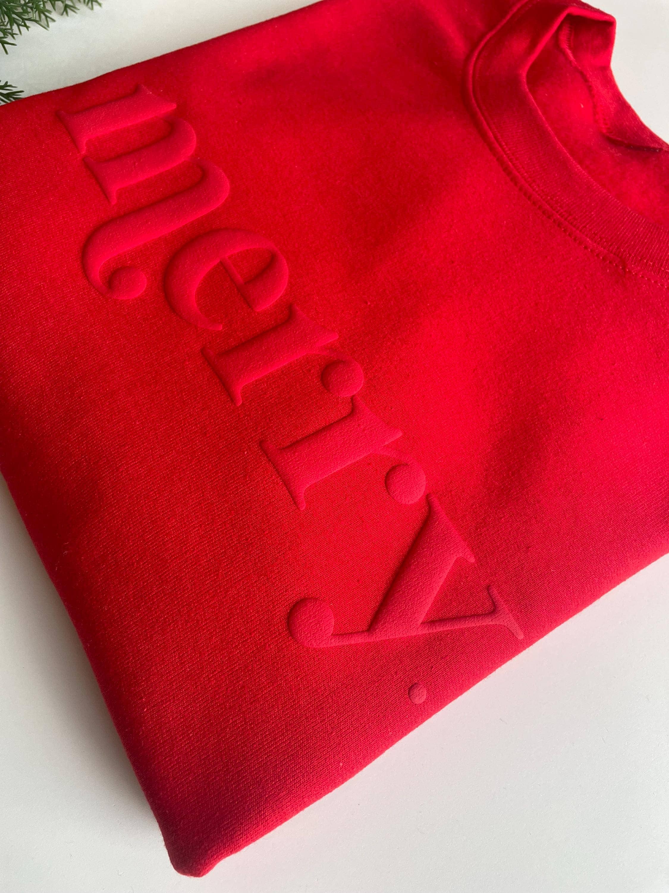 Retro Embossed Merry Sweatshirt - Womens Holiday Sweatshirt: Medium / Red