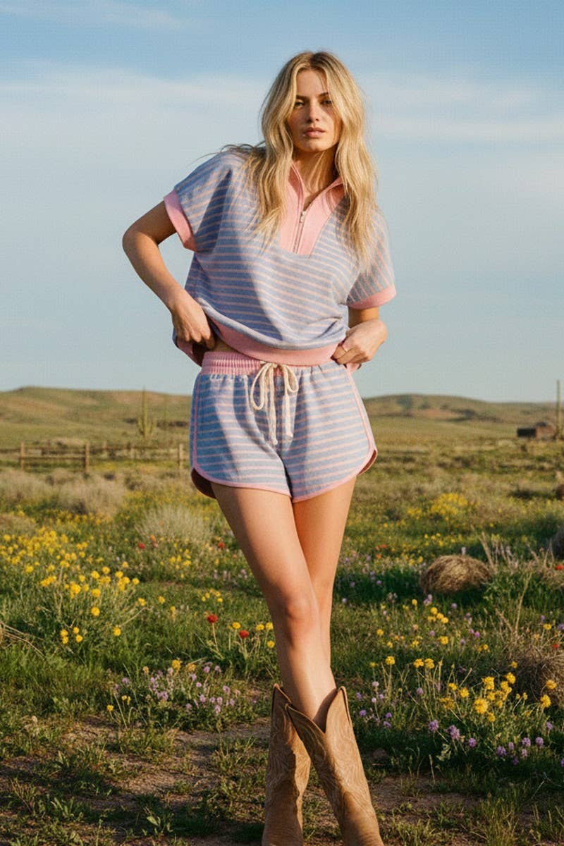 HALF ZIP UP STRIPED TOP AND SHORTS SETS : BLUE/PINK