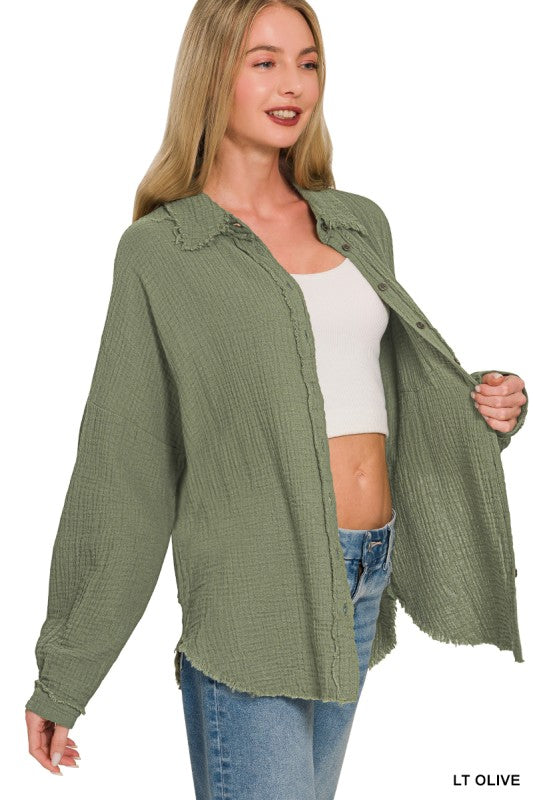Olive Gauze Button Up Shirt