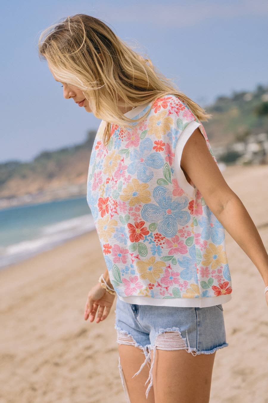 Floral Printed Knitted Jersey Top: White Floral