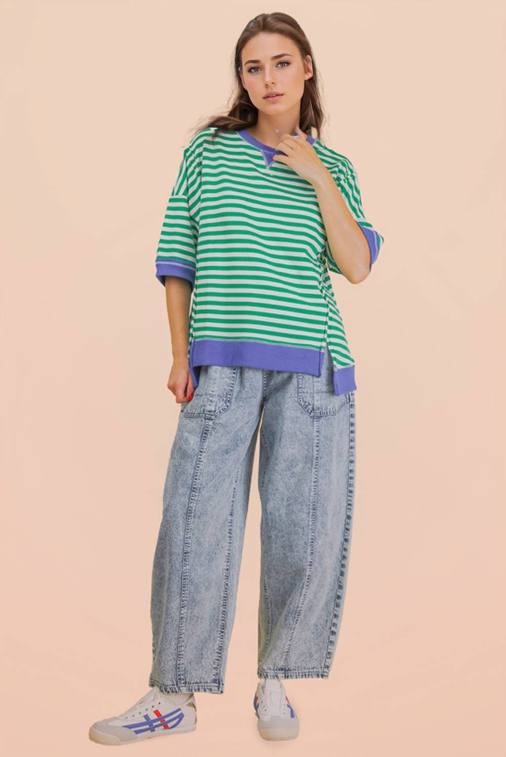 Kelly and Cream Oversized Stripe Casual Knit Top