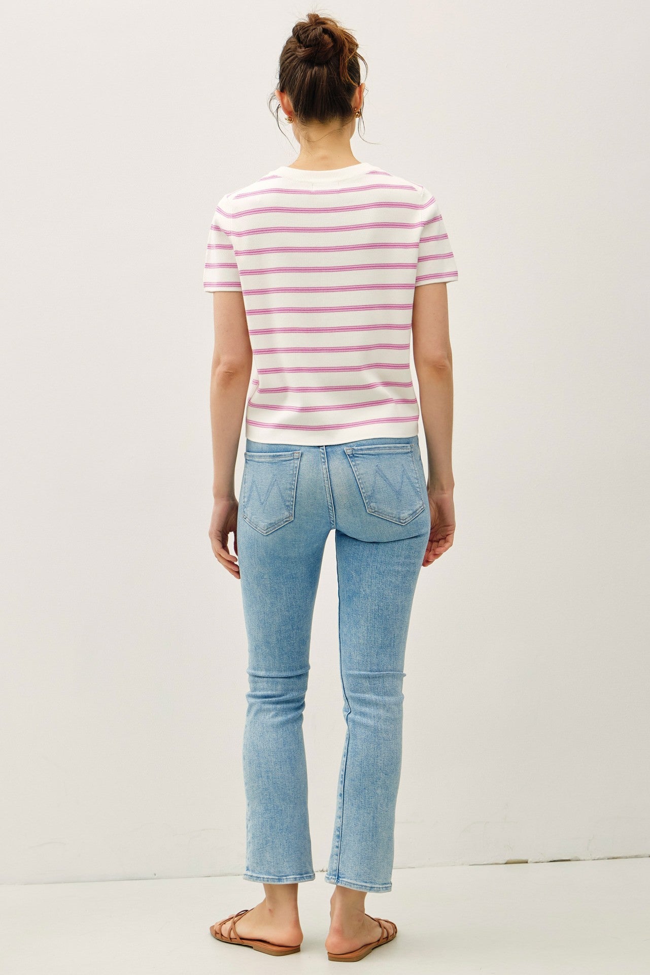 White and Raspberry Striped Short Sleeve Cardigan