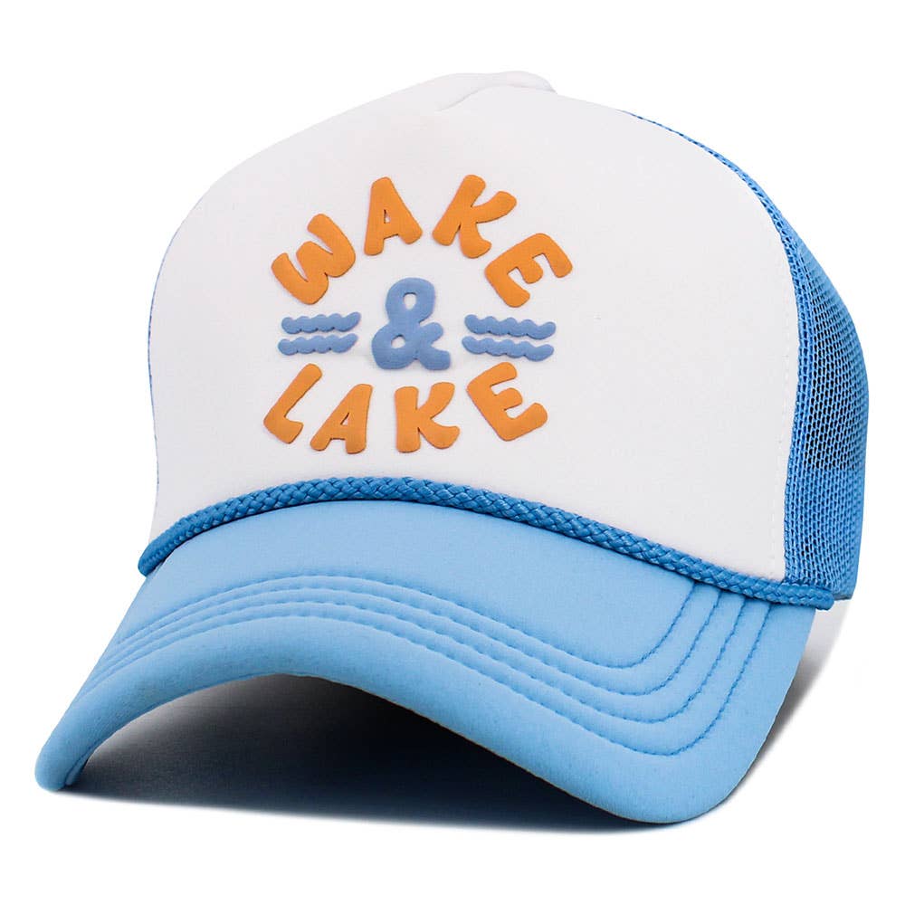 WAKE LAKE Mesh Back Trucker Hat: Light Blue,White