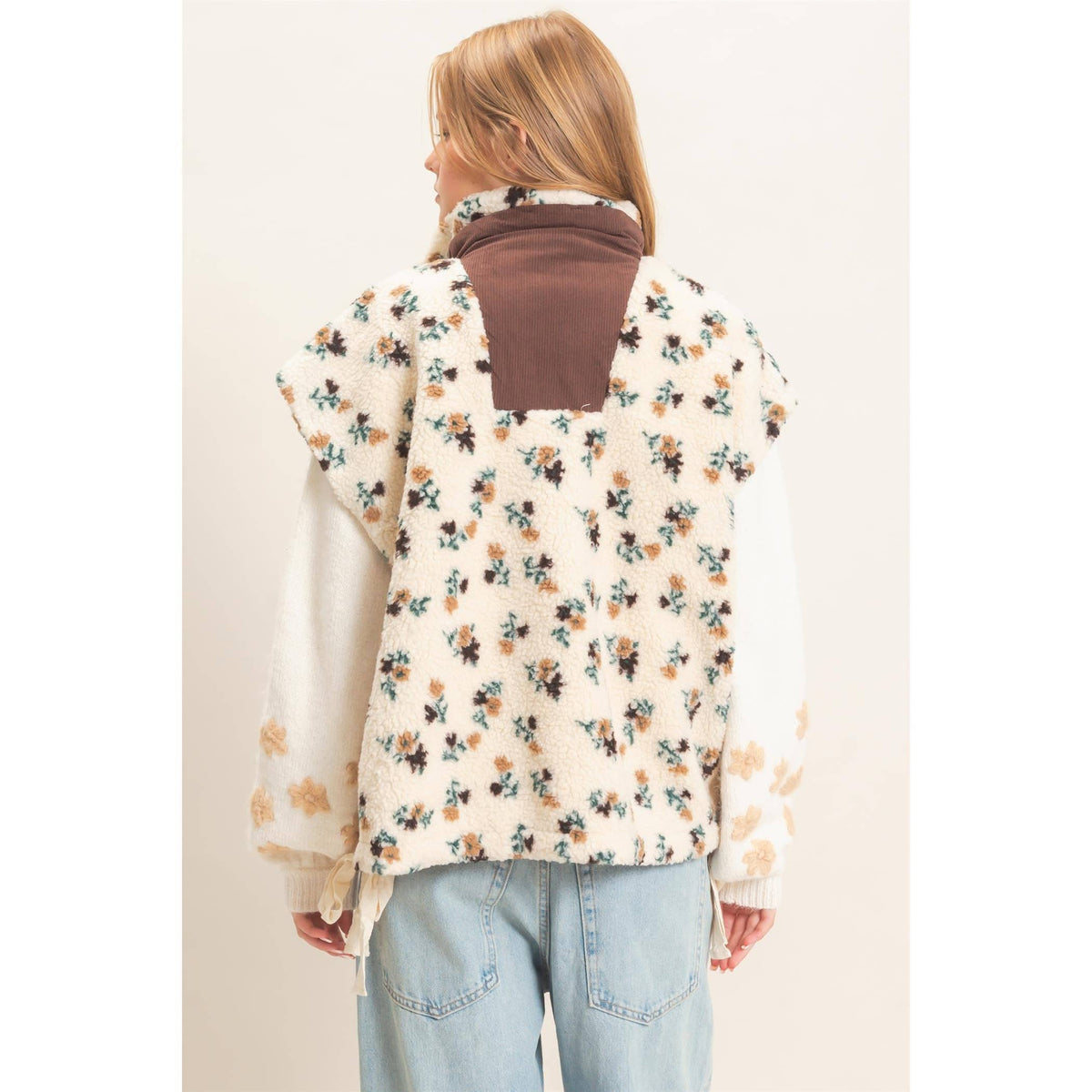 Cordelia Floral Sherpa Vest With Corduroy: BLUE