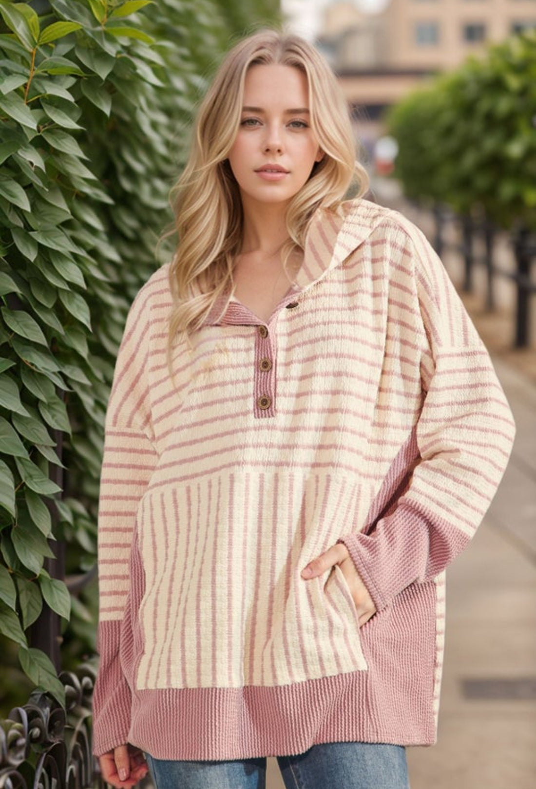 Pink Ribbed Striped Hoodie