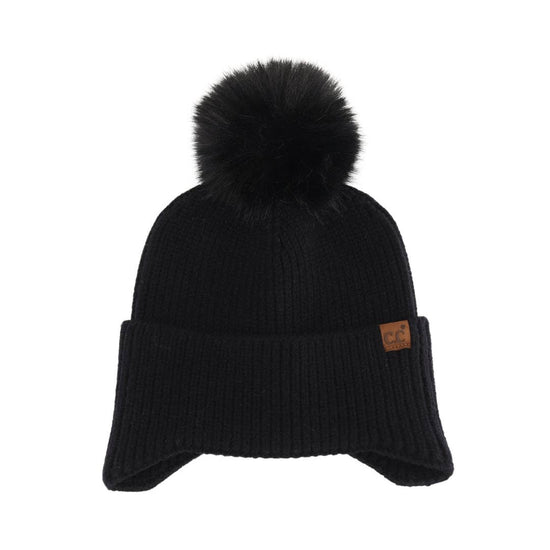 Earflap C.C Faux Fur Pom Beanie: Black