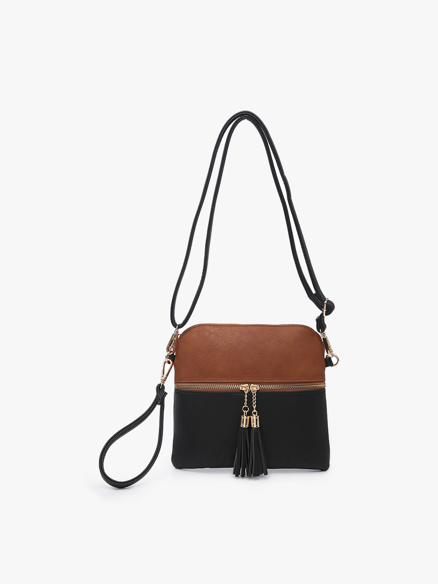 Tara Double Zip Crossbody Bag/Wristlet: Black/Brown