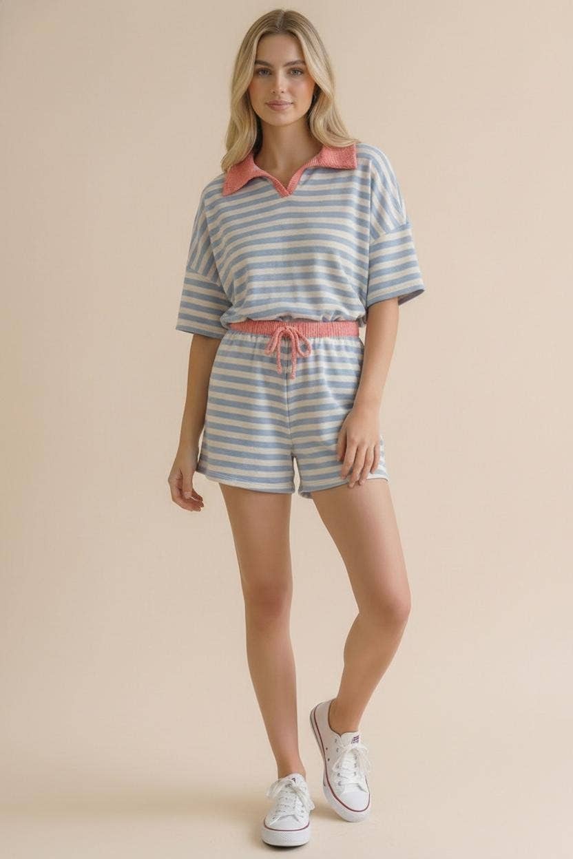 Stripe Color Block Loose Fit Lounge Wear Set: Light Blue/Coral