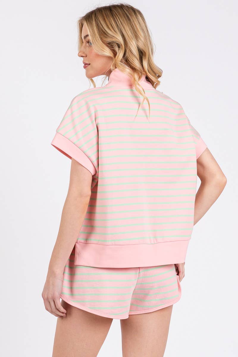 HALF ZIP UP STRIPED TOP AND SHORTS SETS : BLUE/PINK