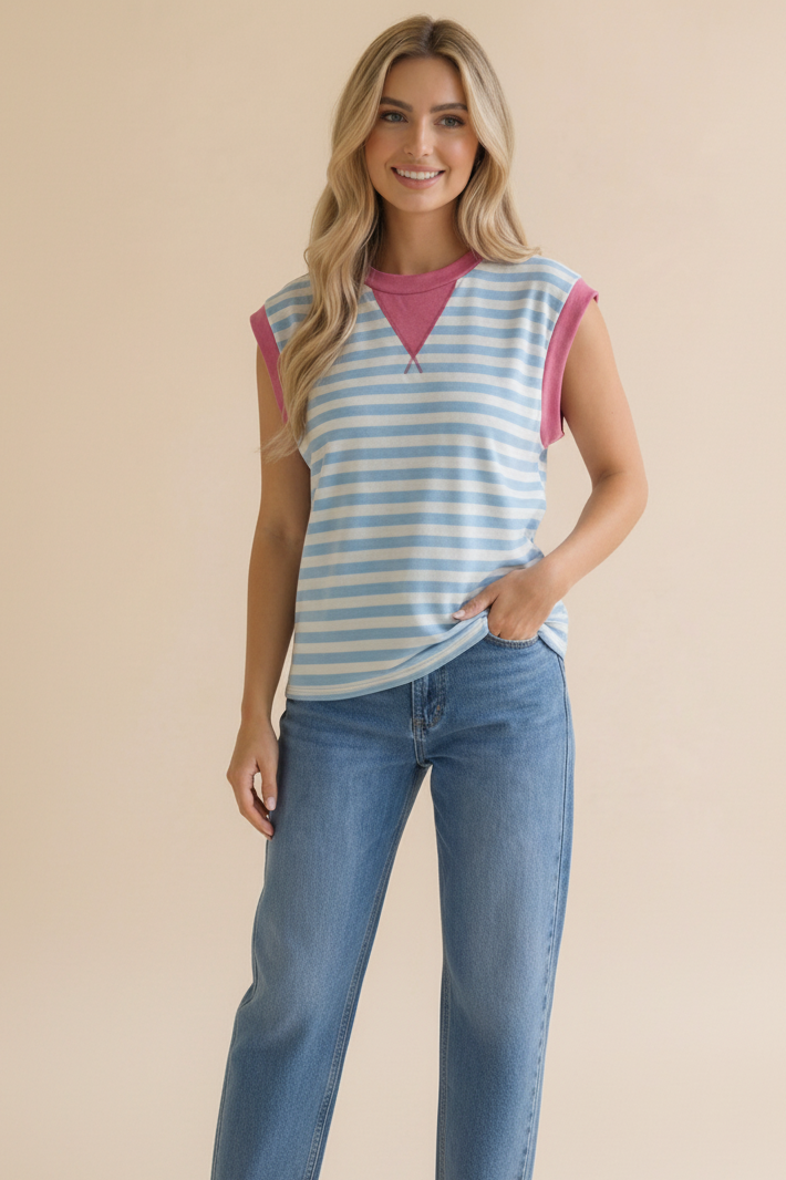 Round Neck Yarn Dye Stripe French Terry Top: LIGHT BLUE/FUCHSIA
