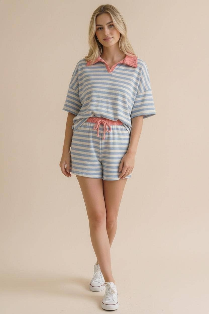 Stripe Color Block Loose Fit Lounge Wear Set: Light Blue/Coral