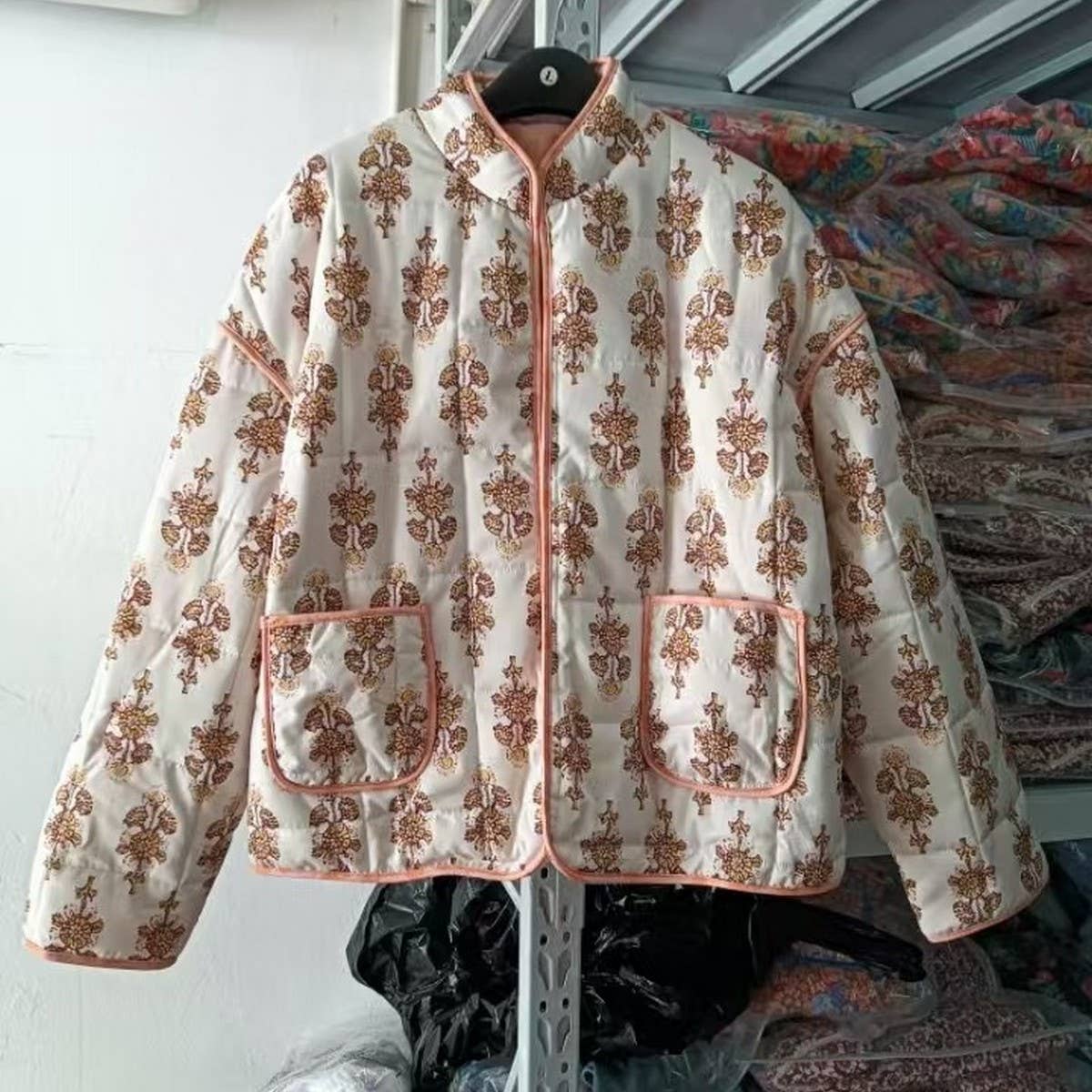 COLOUR-BLOCK FLORAL PRINT QUILTED Jacket Orange / MEDIUM ONLY