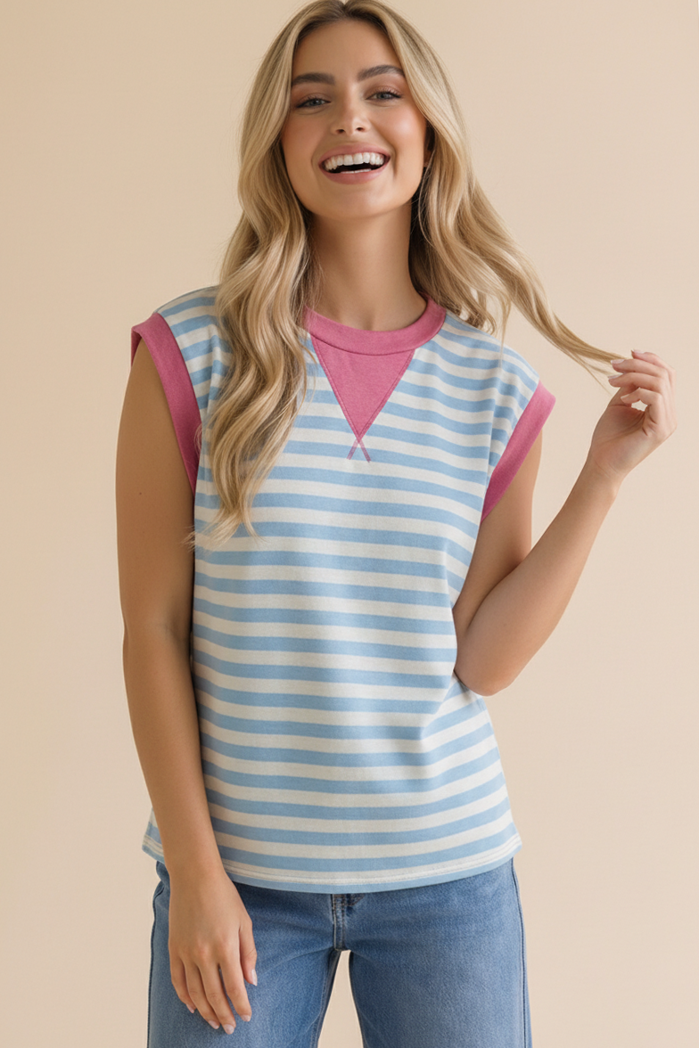 Round Neck Yarn Dye Stripe French Terry Top: LIGHT BLUE/FUCHSIA
