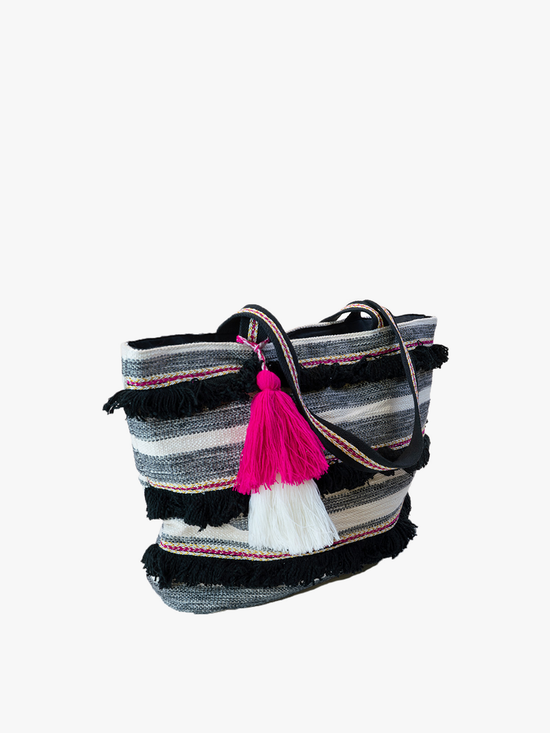 Taisha Striped Cotton Tassel Tote: Stripe-Black/Pink