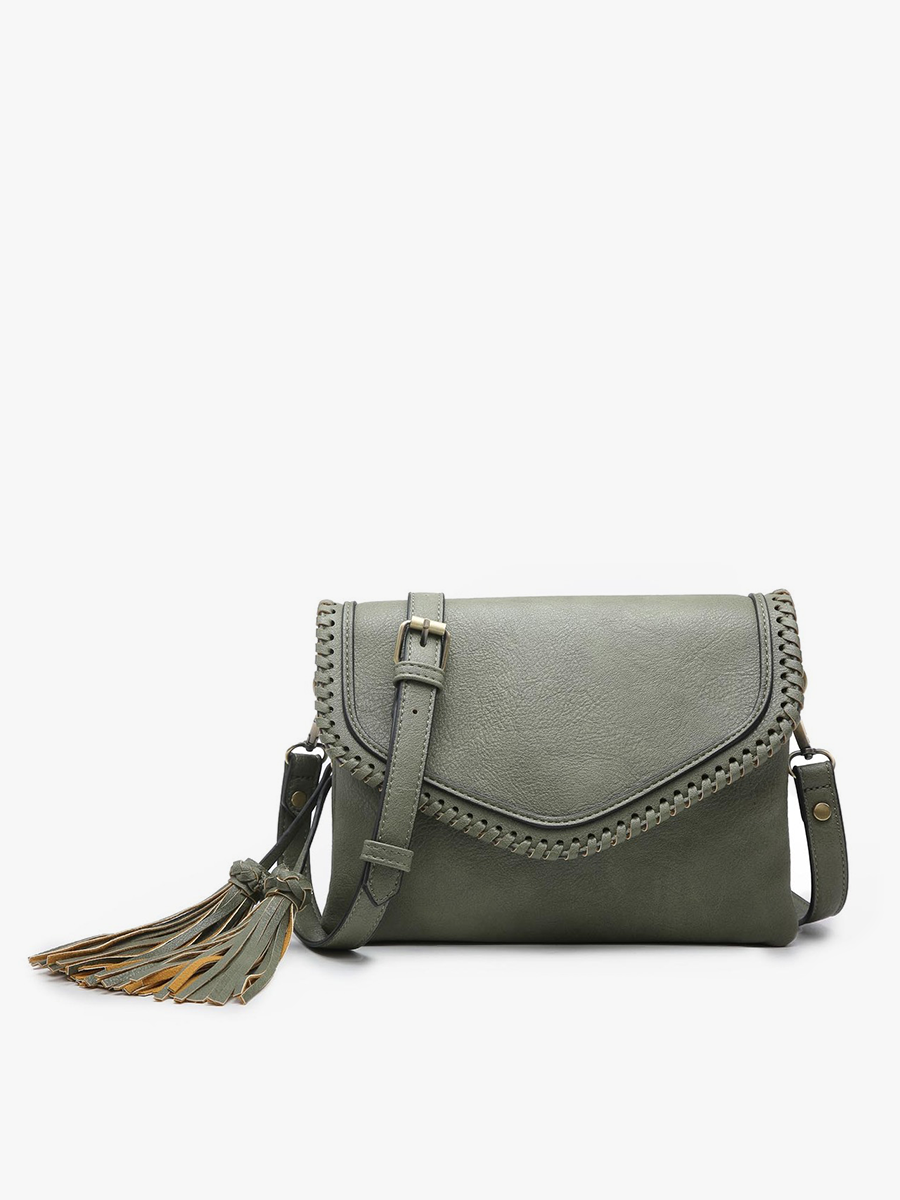 Sloane Flapover Crossbody w/ Whipstitch and Tassel: Coffee