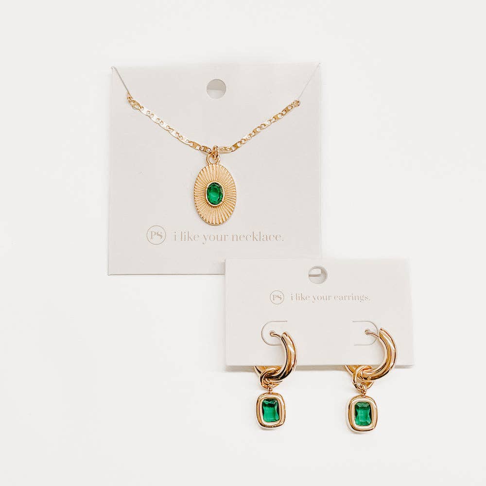 Emerald Accent Chunky Hoop Gold Earrings