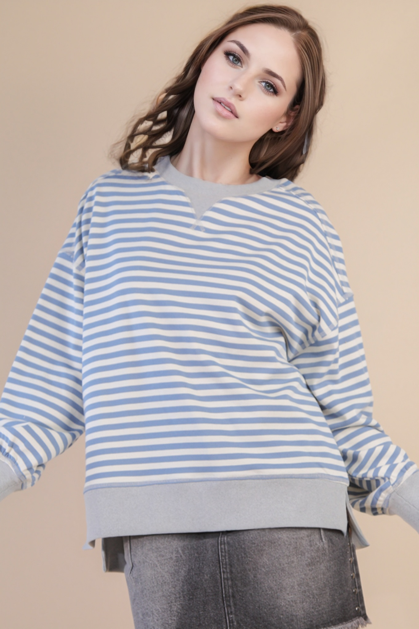 Selene Causal Striped Sweatshirt in Soft Blue/Cream