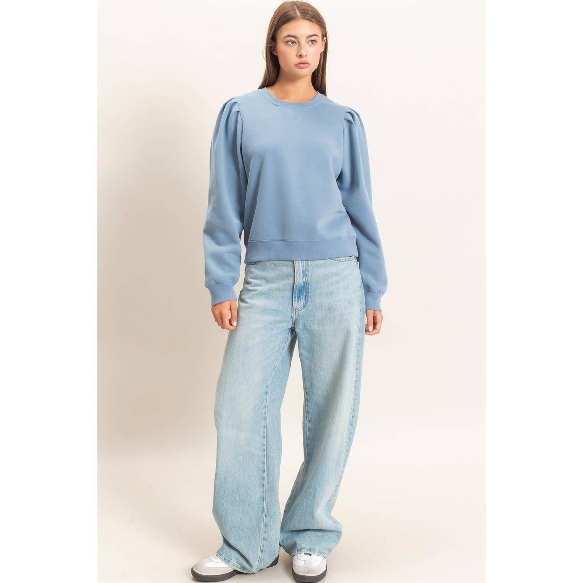 Harlow Puff Sleeve Crew Neck Sweatshirt: DUSTY BLUE