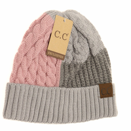 Tri-Color Cuff Beanie : Rose/Lt. Grey