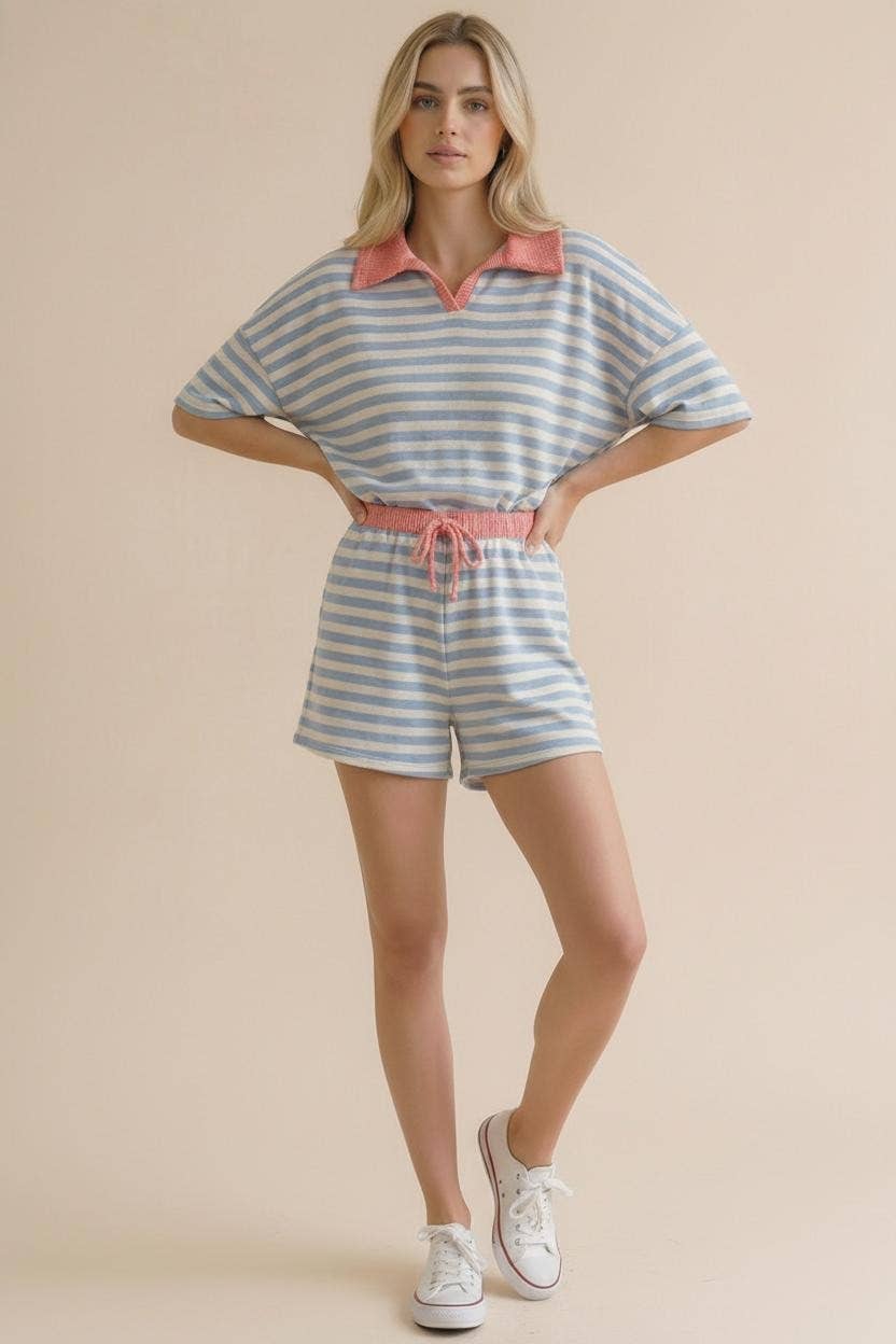 Stripe Color Block Loose Fit Lounge Wear Set: Light Blue/Coral