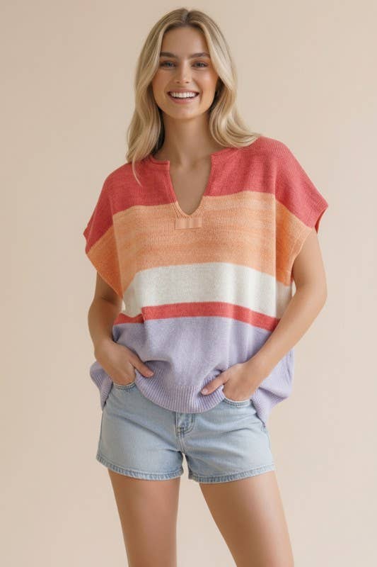 Cyla Multi Stripe Dolman Sweater Knit Top: Coral/Peach/Lilac