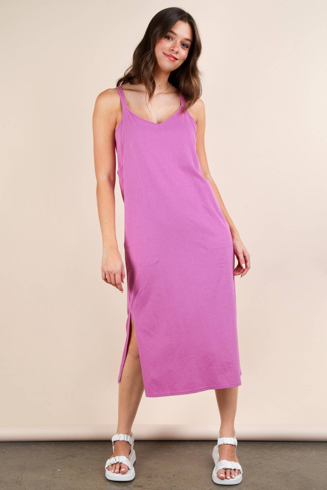 Orchid Vneck Sleeveless Casual Comfy Midi Dress