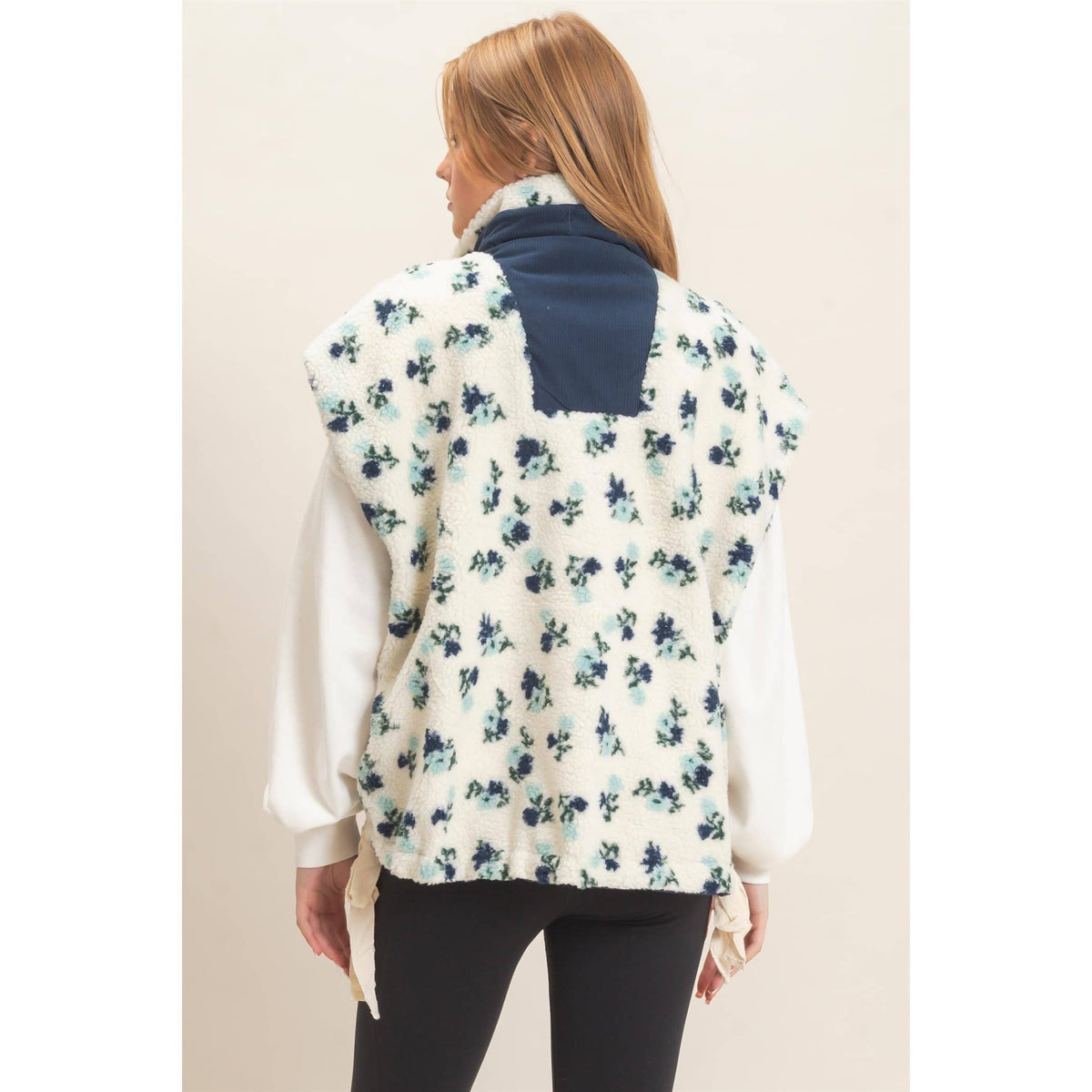 Cordelia Floral Sherpa Vest With Corduroy: BLUE