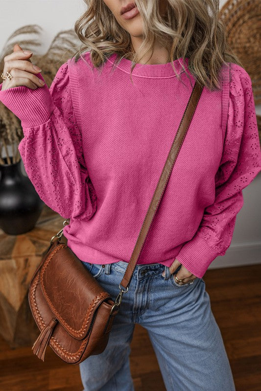 Pink Eyelet Sleeve Lightweight Sweatshirt