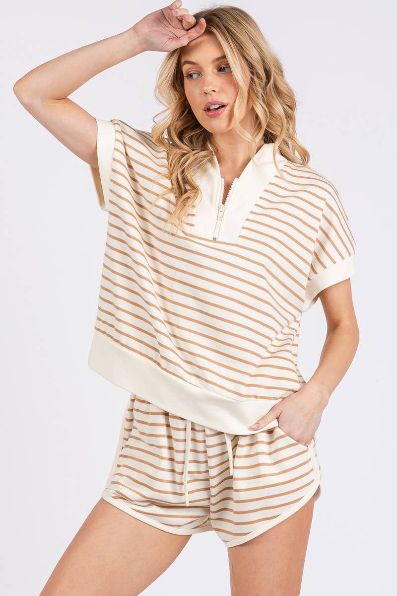 HALF ZIP UP STRIPED TOP AND SHORTS SETS : BLUE/PINK