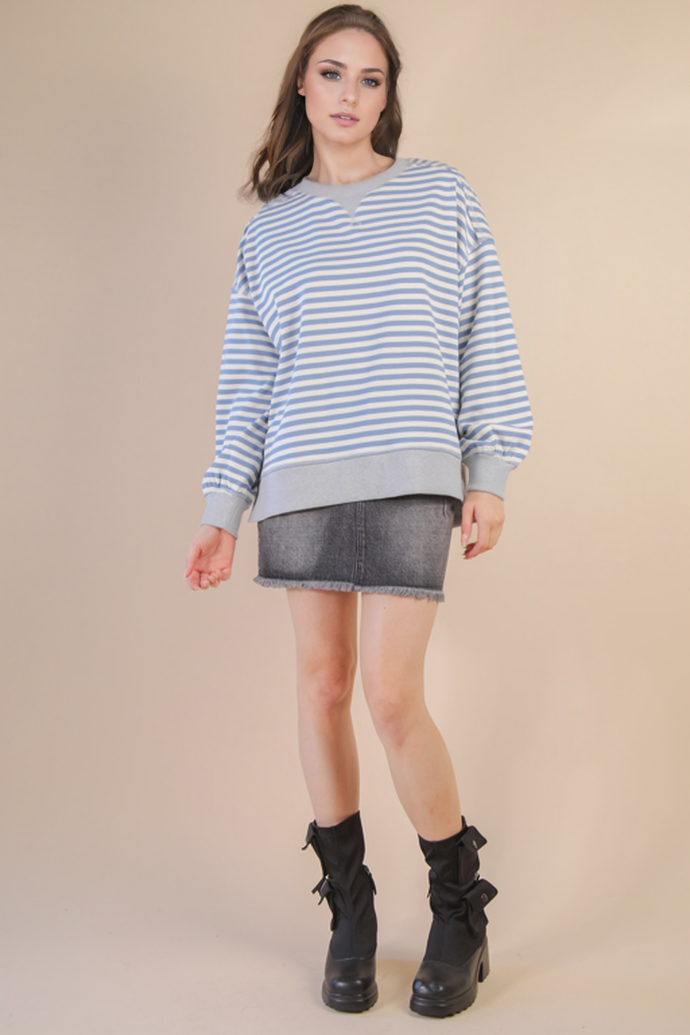 Selene Causal Striped Sweatshirt in Soft Blue/Cream