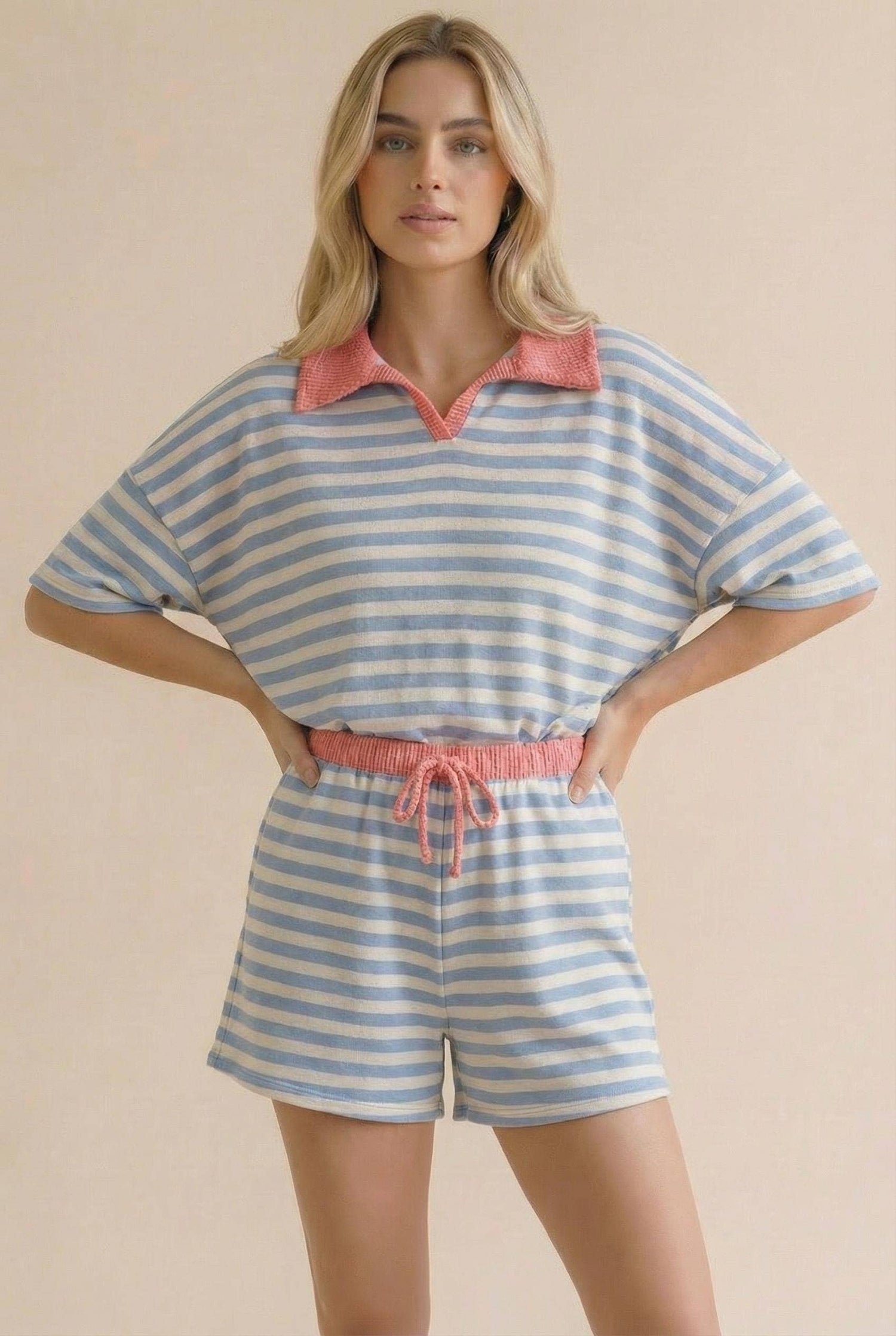 Stripe Color Block Loose Fit Lounge Wear Set: Light Blue/Coral